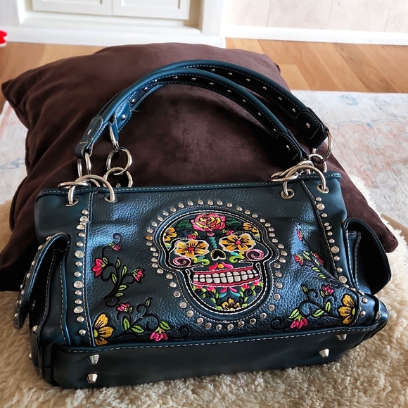 Montana West Blingy Sugar Skull Turquoise Shoulder Bag - Picture 10 of 12